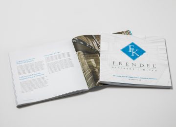 Cover and inside view of corporate history book, company anniversary book and legacy book by Historical Branding Solutions on kitchen manufacturer Frendel Kitchens